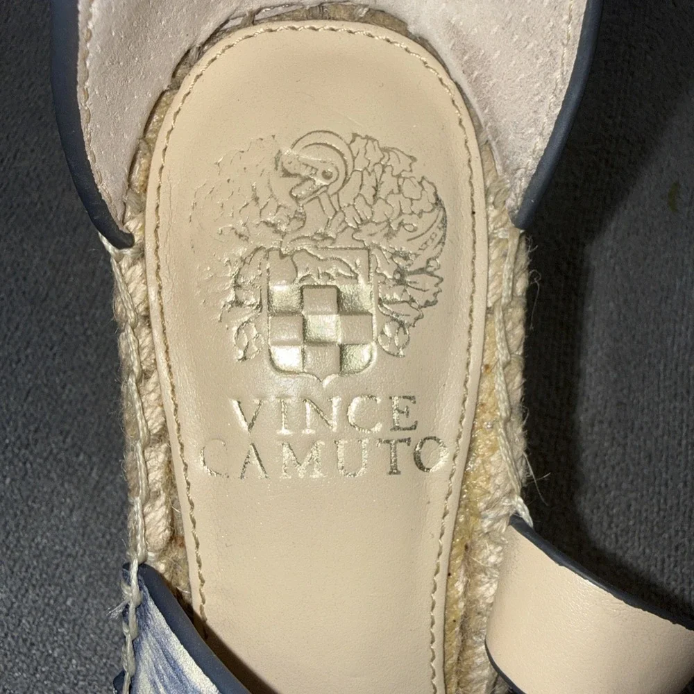 Vince Camuto Sandal Womens 7.5 Leddy Navy Espadrille Wedge Heel Ankle Wrap Suede